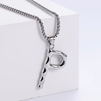 3Pcs Stainless Steel Textured Letter Pendant Box Chain Necklaces, Stainless Steel Color, Letter P