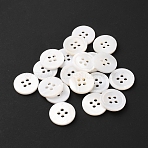 Natural Shells Buttons, 4-holes, Flat Round, White, 15x2mm, Hole: 2mm(BUTT-WH0061-02)