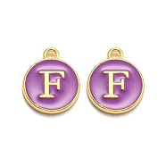 Golden Plated Alloy Enamel Charms, Enamelled Sequins, Flat Round with Alphabet, Letter.F, Purple, 14x12x2mm, Hole: 1.5mm(ENAM-Q437-12F)