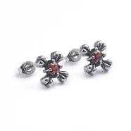 Retro 304 Stainless Steel Stud Earrings, with Cubic Zirconia and Ear Nuts, Cross, Red, Antique Silver, 12x12mm, Pin: 0.6mm(EJEW-L248-053AS)
