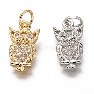 Brass Micro Pave Clear Cubic Zirconia Charms, Long-Lasting Plated, with Jump Ring, Owl Shape, Mixed Color, 14.5x8x2.5mm, Jump Ring: 5x1mm, 3mm Inner Diameter(ZIRC-C020-45)