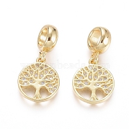 Brass Micro Pave Clear Cubic Zirconia European Dangle Charms, Large Hole Pendants, Flat Round with Tree of Life, Golden, 23mm, Hole: 5mm, Flat Round: 14x12x2mm(OPDL-L016-05G)
