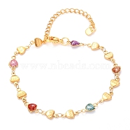 304 Stainless Steel Link Bracelets, with Resin and Lobster Claw Clasps, Heart, Colorful, Golden, 7-3/4 inch(19.8cm)(BJEW-O183-07G)