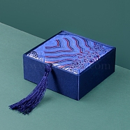 Chinese Style Wave Brocade & Satin Box, for Bracelet, Earring, Square, Dark Blue, 10x10x4cm(PW-WG65017-04)