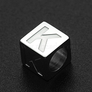 201 Stainless Steel European Beads, Large Hole Beads, Horizontal Hole, Cube, Stainless Steel Color, Letter.K, 7x7x7mm, Hole: 5mm(STAS-N090-LA062-K)