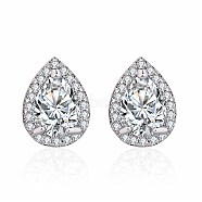 Brass Stud Earrings, with Crystal Rhinestone, Faceted, Teardrop, Platinum, Crystal, 12x9x5mm, Pin: 0.5mm(EJEW-BB63397-A)
