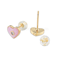 Natural Shell & Enamel Heart Stud Earrings with Cubic Zirconia, Golden Brass Jewelry for Women, Nickel Free, Pearl Pink, 7.5x8.5mm, Pin: 0.7mm(EJEW-N011-79E)