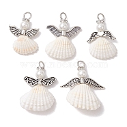 Spiral Shell Pendants, Angel Charms with Tibetan Style Alloy Wings, Antique Silver, 29~34.5x18.5~30.5x6~9mm, Hole: 4mm(PALLOY-JF02591)