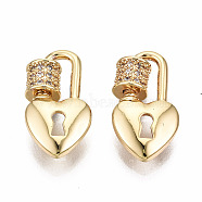 Brass Micro Pave Clear Cubic Zirconia Screw Carabiner Lock Charms, for Necklaces Making, Nickel Free, Heart Lock, Real 18K Gold Plated, 15.5x8.5x2mm, Column: 4.5x4mm(KK-T056-94G-NF)