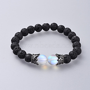 Synthetic Moonstone Stretch Bracelets, with Natural Lava Rock Beads and Brass Micro Pave Cubic Zirconia Beads, Crown, Gunmetal, 1-7/8 inch(4.9cm)(BJEW-JB04563-05)