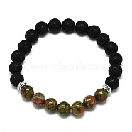 Natural Unakite Beads Stretch Bracelets, with Synthetic Lava Rock Beads and Alloy Beads, Round, Inner Diameter: 2-1/8 inch(5.5cm), Beads: 8.5mm(BJEW-R309-02-A09)