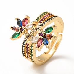 Cubic Zirconia Double Flower Adjustable Ring, Real 18K Gold Plated Brass Chunky Ring for Women, Lead Free & Cadmium Free, Colorful, US Size 6 1/2(16.9mm)(RJEW-H101-11G)