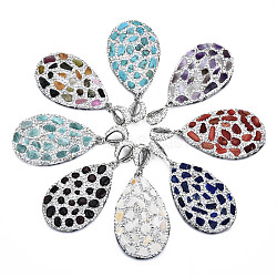 Polymer Clay Rhinestone Pendants, with Gemstone Chip/Natural Shell Chip and PU Leather, Teardrop, Platinum, 50~51x31~32x7~8mm, PP12(1.8~1.9mm), Hole: 9x5mm(RB-S056-11B-P)