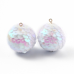 Sparkly Paillette Plastic Pendant Decorations, AB Color Plated, Ball Shape, White, 30x29mm, Hole: 2mm(FIND-H211-B-07)