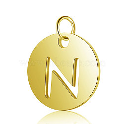 304 Stainless Steel Charms, Flat Round with Letter, Golden, Letter.N, 12x1mm, Hole: 2.5mm(A-STAS-S105-T514G-N)