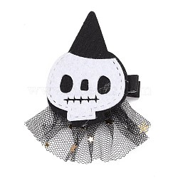Halloween Gauze & Felt Hair Accessories, with Iron Alligator Hair Clips Findings, Skull with Hat, White, 91x47.5x4mm(PHAR-B088-05)