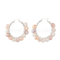 Natural Pearl Wire Wrapped Beaded Hoop Earrings for Women, Silver, Seashell Color, 38x41x8mm, Pin: 0.8mm(EJEW-JE04759-02)