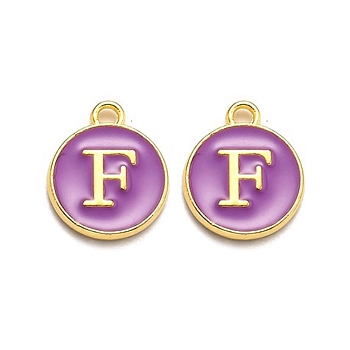 Golden Plated Alloy Enamel Charms, Enamelled Sequins, Flat Round with Alphabet, Letter.F, Purple, 14x12x2mm, Hole: 1.5mm