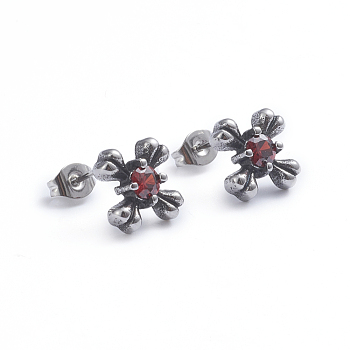 Retro 304 Stainless Steel Stud Earrings, with Cubic Zirconia and Ear Nuts, Cross, Red, Antique Silver, 12x12mm, Pin: 0.6mm
