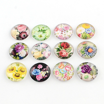 Half Round/Dome Floral Pattern Glass Flatback Cabochons for DIY Projects, Mixed Color, 25x6mm