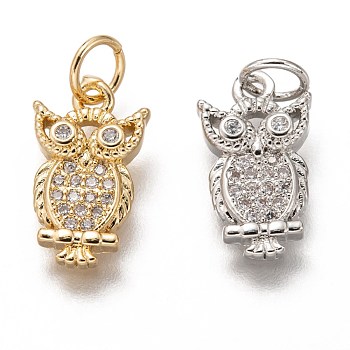Brass Micro Pave Clear Cubic Zirconia Charms, Long-Lasting Plated, with Jump Ring, Owl Shape, Mixed Color, 14.5x8x2.5mm, Jump Ring: 5x1mm, 3mm Inner Diameter