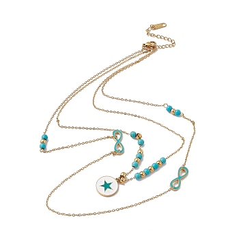 Enamel Charms Double Layer Necklace with Synthetic Turquoise Beaded, 304 Stainless Steel Cable Chains Bohemia Necklace for Women, Golden, Star Pattern, Flat Round: 16x14x2mm, 16 inch(40.5cm)