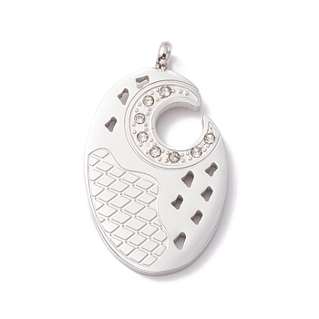 304 Stainless Steel Rhinestone Pendants, Oval, Stainless Steel Color, 31.5x18.5x4mm, Hole: 2.6mm