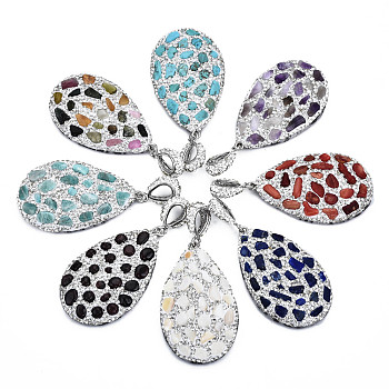 Polymer Clay Rhinestone Pendants, with Gemstone Chip/Natural Shell Chip and PU Leather, Teardrop, Platinum, 50~51x31~32x7~8mm, PP12(1.8~1.9mm), Hole: 9x5mm