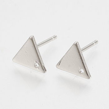 Brass Stud Earring Findings, with Loop and Flat Plate, Hole, Triangle, Nickel Free, Real Platinum Plated, 7x8x1mm, Hole: 1mm, Pin: 0.7mm