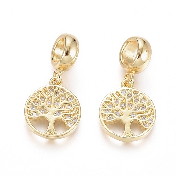 Brass Micro Pave Clear Cubic Zirconia European Dangle Charms, Large Hole Pendants, Flat Round with Tree of Life, Golden, 23mm, Hole: 5mm, Flat Round: 14x12x2mm