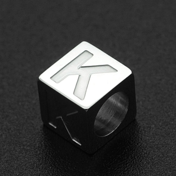 201 Stainless Steel European Beads, Large Hole Beads, Horizontal Hole, Cube, Stainless Steel Color, Letter.K, 7x7x7mm, Hole: 5mm