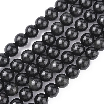 Natural Obsidian Beads Strands, Round, Grade AA, Black And Colorful, 14mm, Hole: 1mm, about 28pcs/strand, 15.7 inch