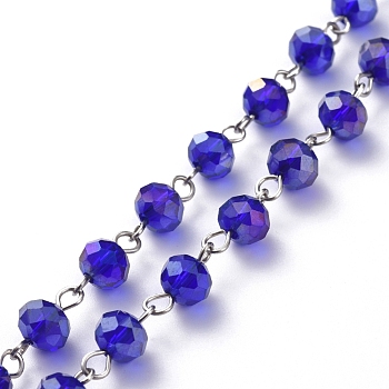Handmade Electroplate Glass Beaded Chains, with Platinum Plated Iron Eye Pin, Unwelded, Blue, 39.37 inch(100cm), Beads: 8x6mm