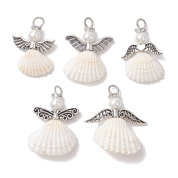Spiral Shell Pendants, Angel Charms with Tibetan Style Alloy Wings, Antique Silver, 29~34.5x18.5~30.5x6~9mm, Hole: 4mm