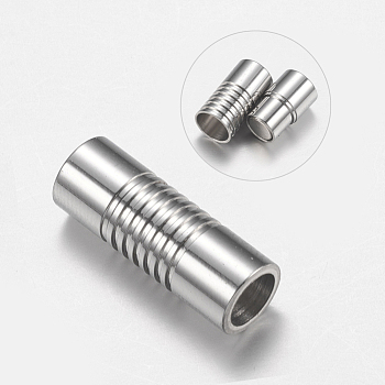 304 Stainless Steel Magnetic Clasps with Glue-in Ends, Column, Stainless Steel Color, 19x7mm, Hole: 5mm