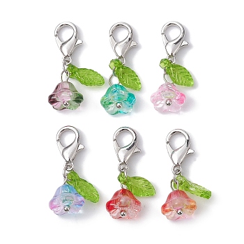 6Pcs Flower & Leaf Acrylic Pendant Decorations, with Alloy Lobster Claw Clasps, Platinum, 24mm
