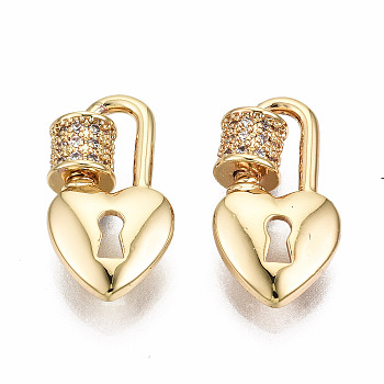 Brass Micro Pave Clear Cubic Zirconia Screw Carabiner Lock Charms, for Necklaces Making, Nickel Free, Heart Lock, Real 18K Gold Plated, 15.5x8.5x2mm, Column: 4.5x4mm