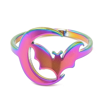 Ion Plating(IP) 304 Stainless Steel Moon with Bat Adjustable Ring for Women, Rainbow Color, US Size 6 1/4(16.7mm)