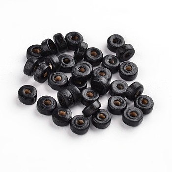 Natural Maple Wood Beads, Lead Free, Flat Round, Dyed, Black, 6x3mm, Hole: 2mm