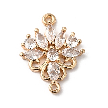 Brass Pave Clear Glass Connector Charms, Flower Links, Golden, 20.5x16x3mm, Hole: 1mm