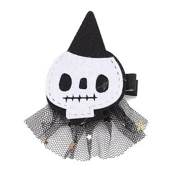 Halloween Gauze & Felt Hair Accessories, with Iron Alligator Hair Clips Findings, Skull with Hat, White, 91x47.5x4mm
