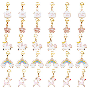 50Pcs Alloy Enamel Pendant Decorations, Deer & Unicorn & Sakura Flower & Envelope & Rainbow, with 304 Stainless Steel Lobster Claw Clasps, Mixed Color, 27~29mm
