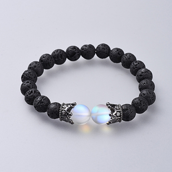 Synthetic Moonstone Stretch Bracelets, with Natural Lava Rock Beads and Brass Micro Pave Cubic Zirconia Beads, Crown, Gunmetal, 1-7/8 inch(4.9cm)