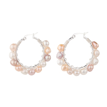 Natural Pearl Wire Wrapped Beaded Hoop Earrings for Women, Silver, Seashell Color, 38x41x8mm, Pin: 0.8mm