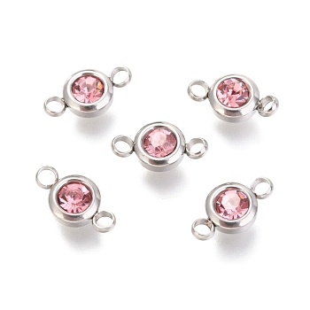 304 Stainless Steel Rhinestone Links Connectors, Flat Round, Stainless Steel Color, Light Rose, 12x6.5x4mm, Hole: 2mm