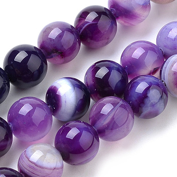 Natural Striped Agate/Banded Agate Beads Strands, Dyed, Round, Blue Violet, 10mm, Hole: 1mm, about 37pcs/strand, 14.96 inch(38cm)