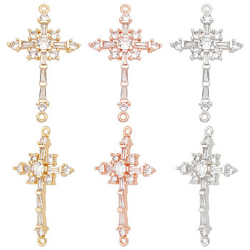 6Pcs 3 Colors Brass Pave Clear Cubic Zirconia Connector Charms, Cross Links, Mixed Color, 34x20x4mm, Hole: 1mm, 2pcs/color