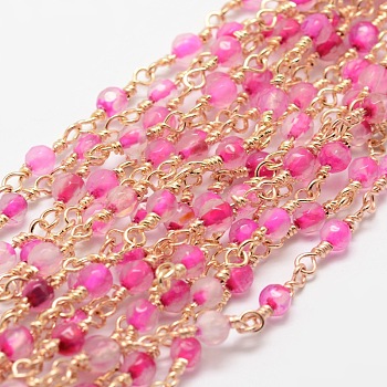 Faceted Round Natural Agate Handmade Beaded Chains, Unwelded, with Golden Brass Findings, Cadmium Free & Nickel Free & Lead Free, Deep Pink, 14.5x4mm