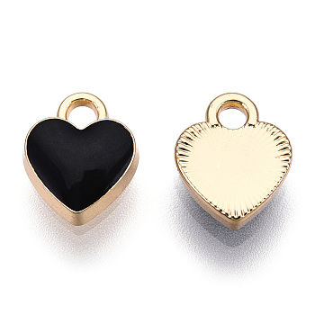 Light Gold Plated Alloy Charms, with Enamel, Heart, Black, 12x11.5x1.5mm, Hole: 2mm