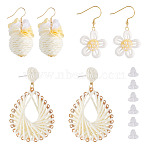 3 Pairs 3 Styles Earrring Sets, including Brass Raffia Dangle Stud Earrings, Iron Raffia Flower with Round Dangle Earrings, Stainless Steel Wool Dangle Earrings, Golden, Cornsilk, 45~68.5x22.5~41mm, 1 pair/style(EJEW-TA000-70A)